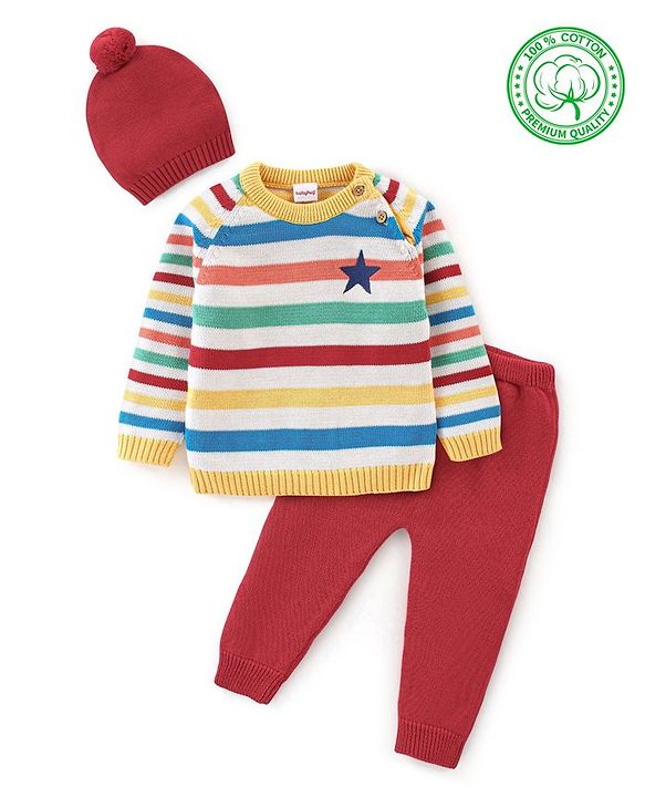 Babyhug Knit Full Sleeves Sweater Set Striped - Red