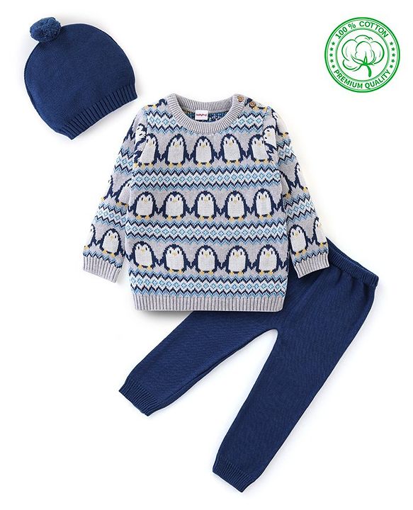 Babyhug Organic Cotton Full Sleeves Sweater Set with Cap Penguin Design - Grey & Navy