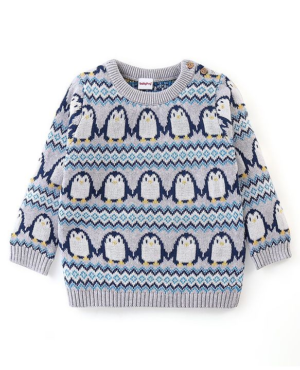 Babyhug Organic Cotton Full Sleeves Sweater Set with Cap Penguin Design - Grey & Navy