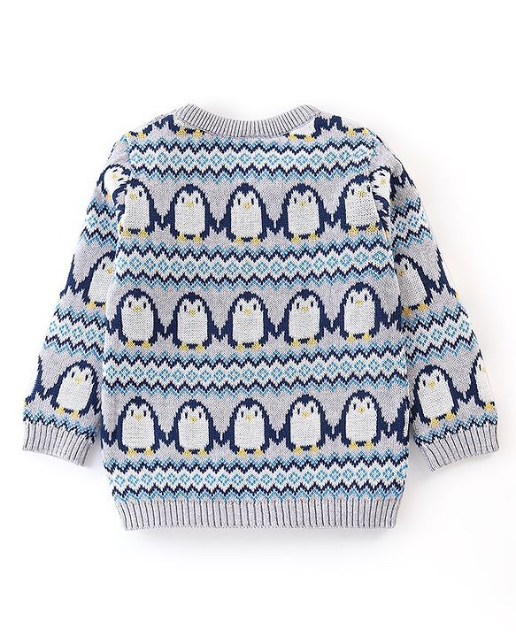 Babyhug Organic Cotton Full Sleeves Sweater Set with Cap Penguin Design - Grey & Navy