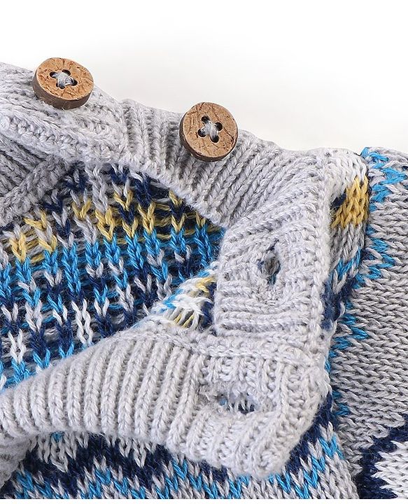 Babyhug Organic Cotton Full Sleeves Sweater Set with Cap Penguin Design - Grey & Navy