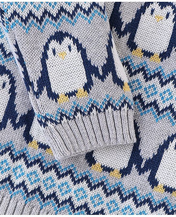 Babyhug Organic Cotton Full Sleeves Sweater Set with Cap Penguin Design - Grey & Navy