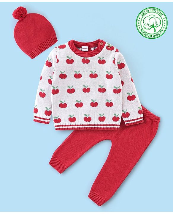Babyhug Organic Cotton Full Sleeves Sweater Set with Cap Cherry Design - Off White & Red