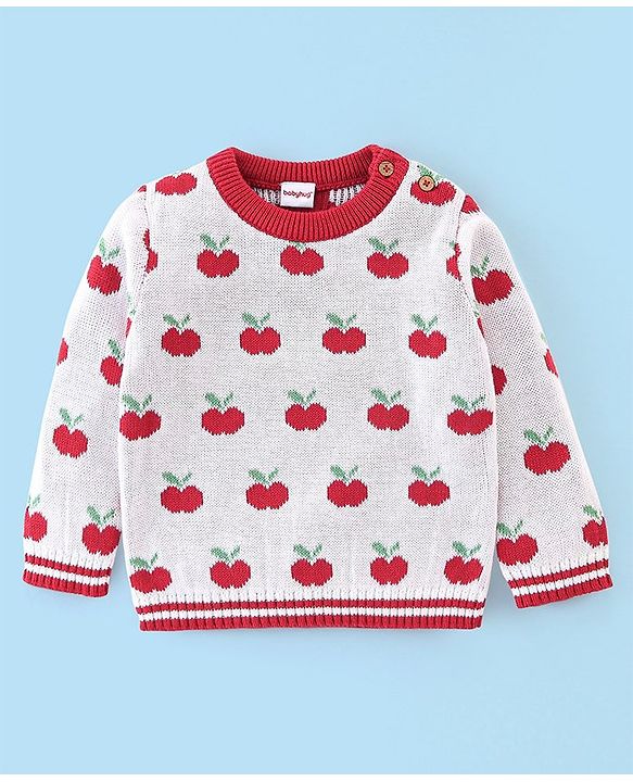 Babyhug Organic Cotton Full Sleeves Sweater Set with Cap Cherry Design - Off White & Red