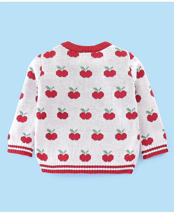 Babyhug Organic Cotton Full Sleeves Sweater Set with Cap Cherry Design - Off White & Red