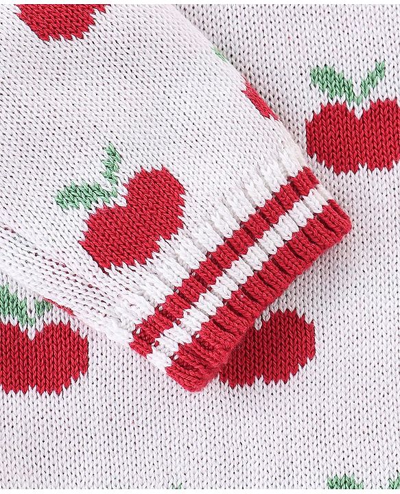 Babyhug Organic Cotton Full Sleeves Sweater Set with Cap Cherry Design - Off White & Red