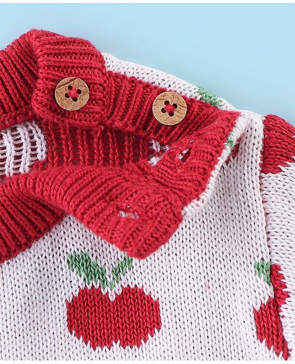 Babyhug Organic Cotton Full Sleeves Sweater Set with Cap Cherry Design - Off White & Red