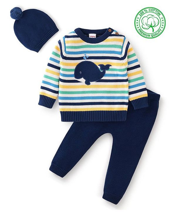 Babyhug Organic Cotton Full Sleeves Sweater Set with Cap Whale Embroidery Striped Design - Multicolour