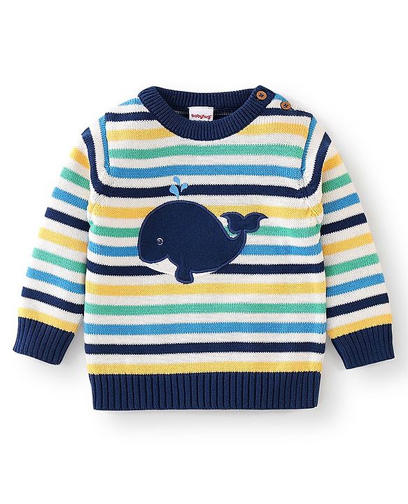 Babyhug Organic Cotton Full Sleeves Sweater Set with Cap Whale Embroidery Striped Design - Multicolour