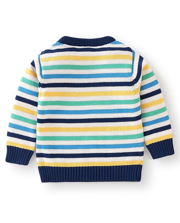 Babyhug Organic Cotton Full Sleeves Sweater Set with Cap Whale Embroidery Striped Design - Multicolour