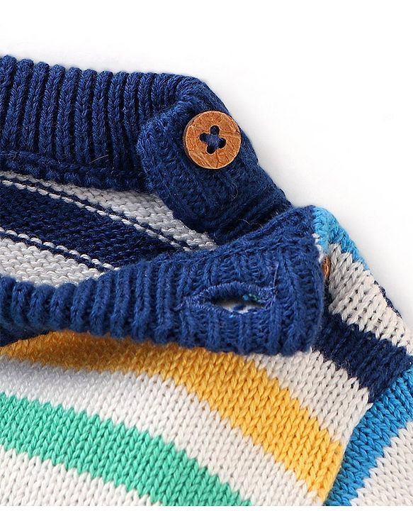 Babyhug Organic Cotton Full Sleeves Sweater Set with Cap Whale Embroidery Striped Design - Multicolour