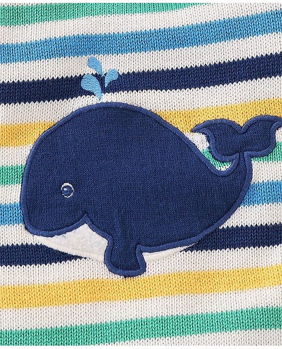 Babyhug Organic Cotton Full Sleeves Sweater Set with Cap Whale Embroidery Striped Design - Multicolour