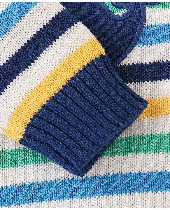 Babyhug Organic Cotton Full Sleeves Sweater Set with Cap Whale Embroidery Striped Design - Multicolour