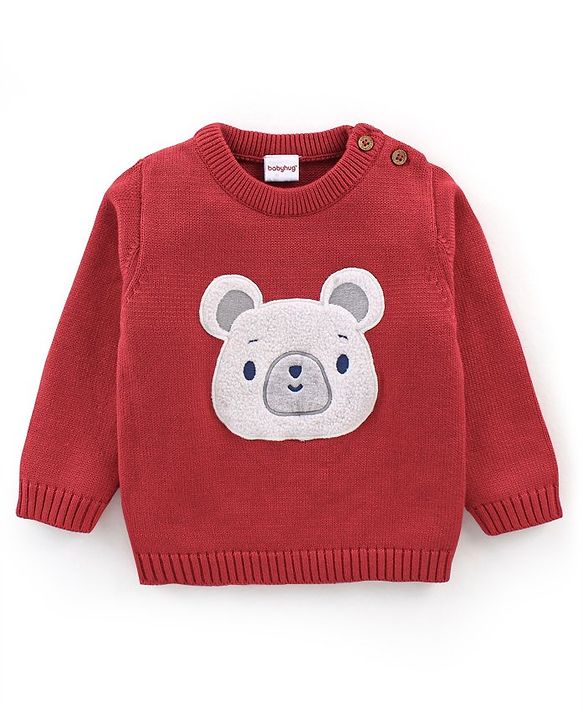 Babyhug Knit Full Sleeves Sweater Set Teddy Embroidery - Red