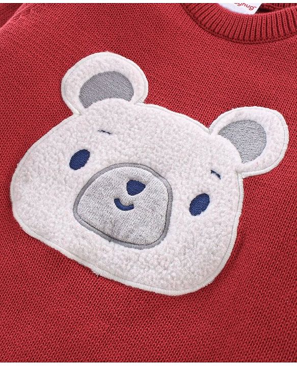 Babyhug Knit Full Sleeves Sweater Set Teddy Embroidery - Red