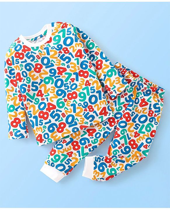 Babyhug Cotton Jersey Full Sleeves Night Suit Numbers Print - White