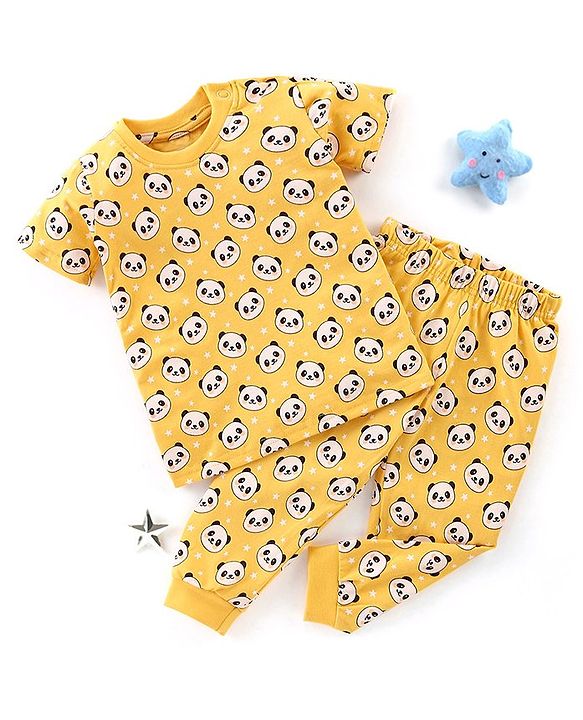 Babyhug Cotton Knit Half Sleeves Panda Printed Night Suit - Yellow