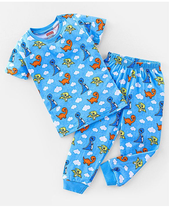 Babyhug Cotton Knit Half Sleeves Night Suit with Dino Print - Blue
