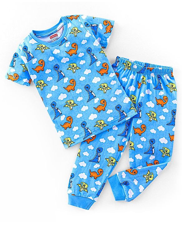 Babyhug Cotton Knit Half Sleeves Night Suit with Dino Print - Blue