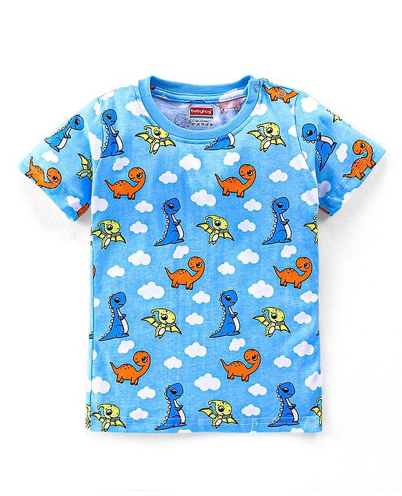 Babyhug Cotton Knit Half Sleeves Night Suit with Dino Print - Blue