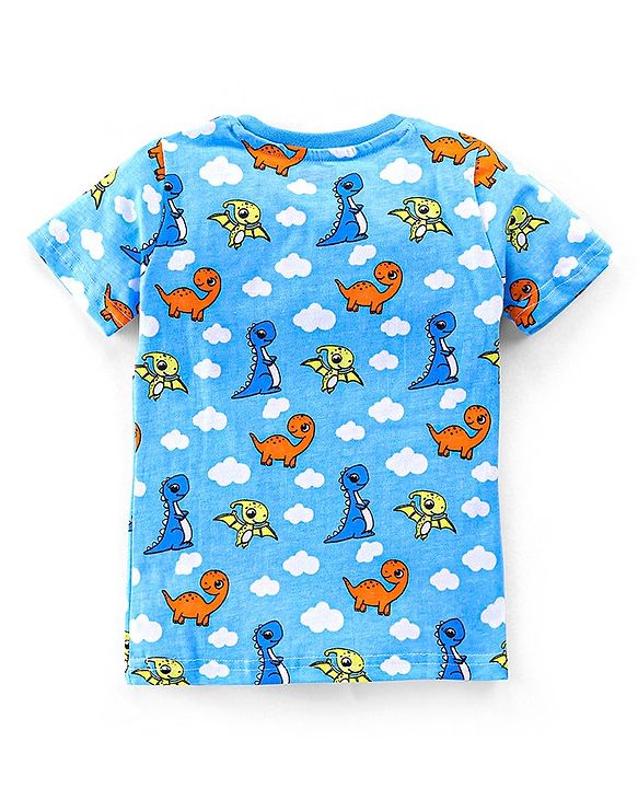 Babyhug Cotton Knit Half Sleeves Night Suit with Dino Print - Blue