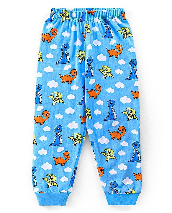 Babyhug Cotton Knit Half Sleeves Night Suit with Dino Print - Blue