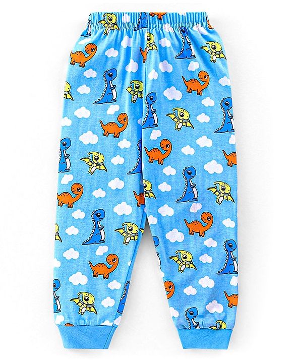 Babyhug Cotton Knit Half Sleeves Night Suit with Dino Print - Blue