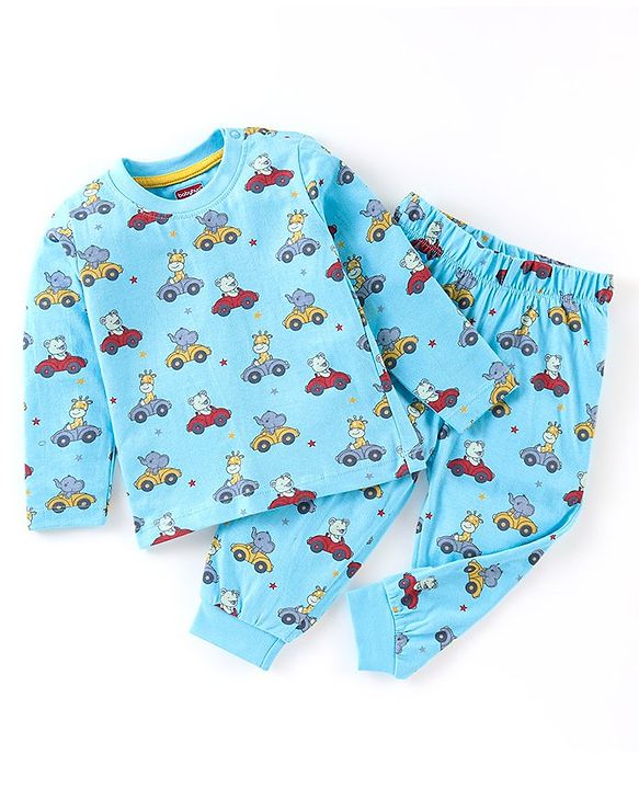 Babyhug Cotton Knit Full Sleeves Animal Print Night Suit - Blue