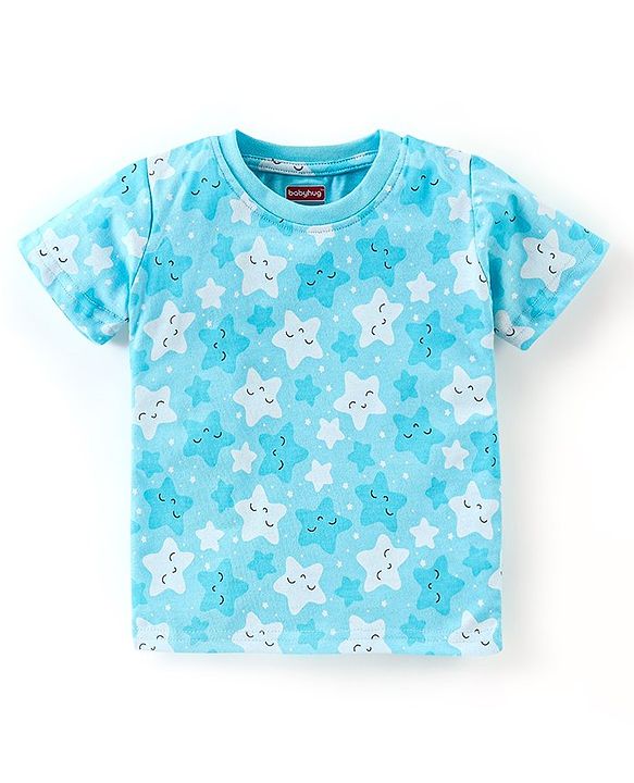 Babyhug Cotton Knit Half Sleeves Star Print Night Suit - Blue