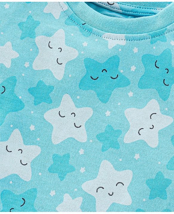 Babyhug Cotton Knit Half Sleeves Star Print Night Suit - Blue