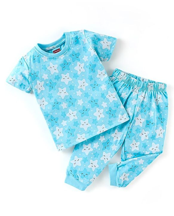 Babyhug Cotton Knit Half Sleeves Star Print Night Suit - Blue