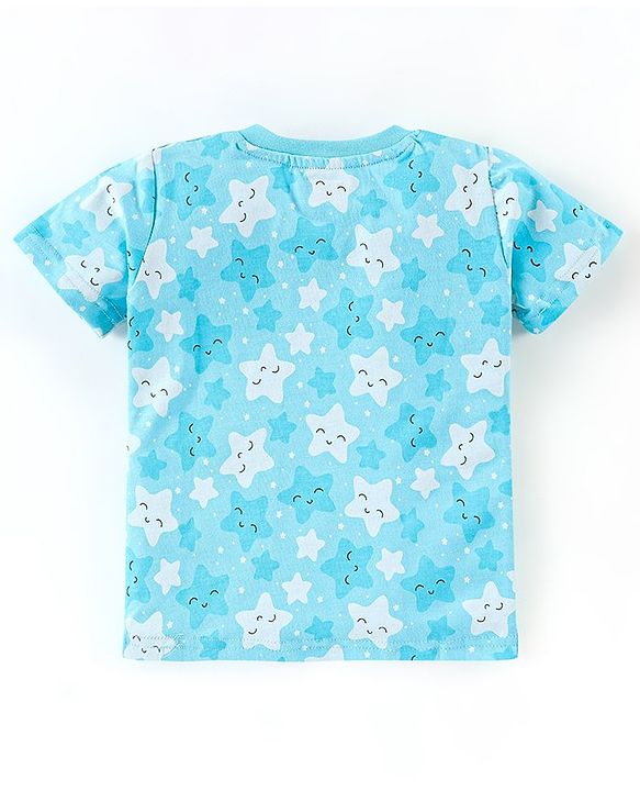 Babyhug Cotton Knit Half Sleeves Star Print Night Suit - Blue