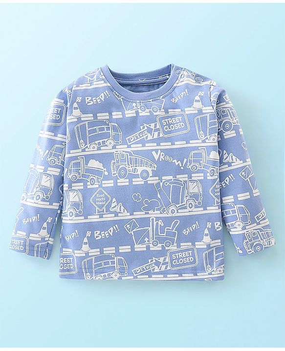 Babyhug Cotton Jersey Full Sleeves Night Suit Trucks Print - Blue