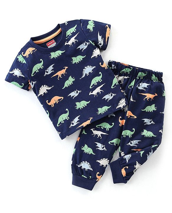 Babyhug Cotton Knit Half Sleeves Night Suit with Dino Print - Navy Blue