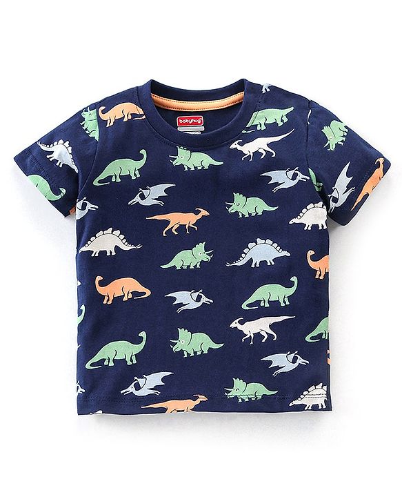 Babyhug Cotton Knit Half Sleeves Night Suit with Dino Print - Navy Blue