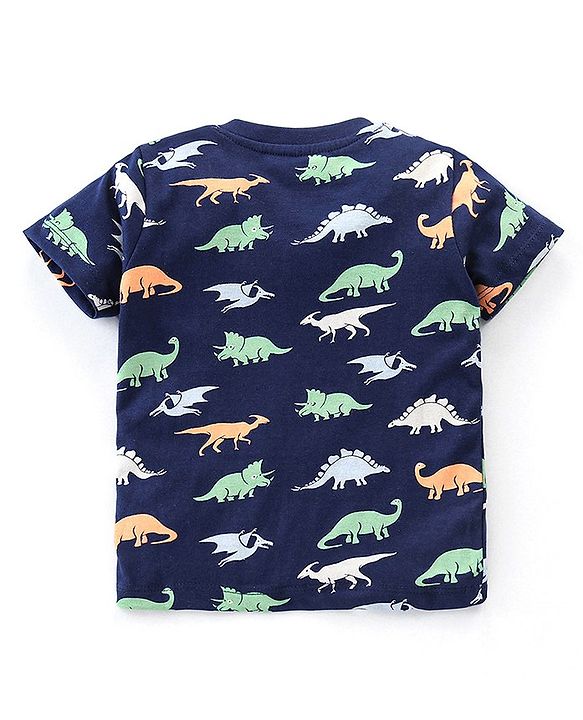 Babyhug Cotton Knit Half Sleeves Night Suit with Dino Print - Navy Blue