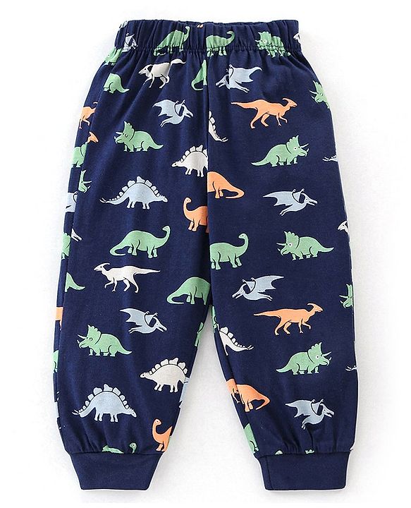Babyhug Cotton Knit Half Sleeves Night Suit with Dino Print - Navy Blue