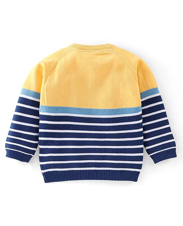 Babyhug Organic Cotton Knit Full Sleeves Striped Sweater with Teddy Applique - Navy & Yellow