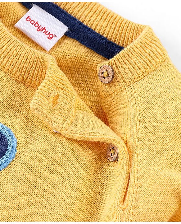 Babyhug Organic Cotton Knit Full Sleeves Striped Sweater with Teddy Applique - Navy & Yellow