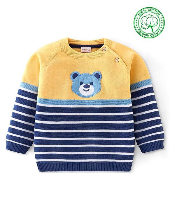 Babyhug Organic Cotton Knit Full Sleeves Striped Sweater with Teddy Applique - Navy & Yellow