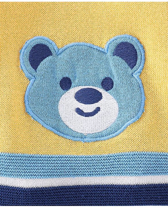Babyhug Organic Cotton Knit Full Sleeves Striped Sweater with Teddy Applique - Navy & Yellow