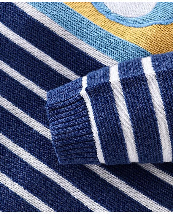 Babyhug Organic Cotton Knit Full Sleeves Striped Sweater with Teddy Applique - Navy & Yellow