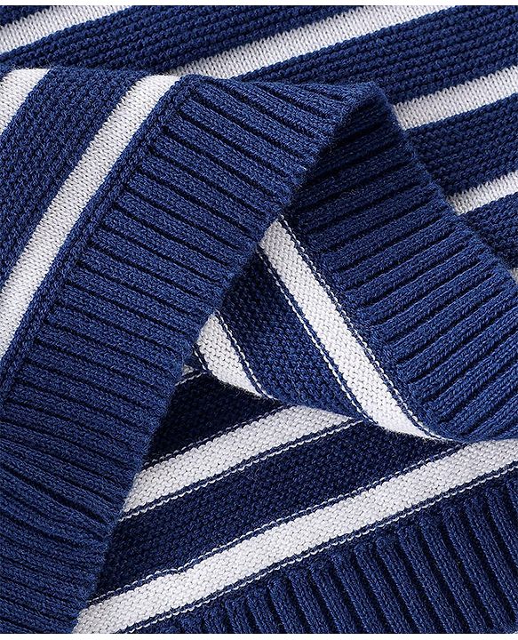 Babyhug Organic Cotton Knit Full Sleeves Striped Sweater with Teddy Applique - Navy & Yellow