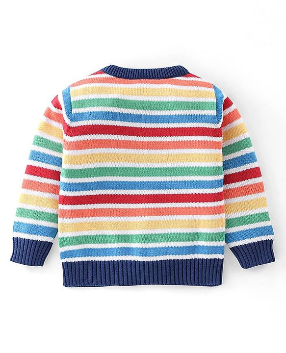 Babyhug Organic Cotton Knit Full Sleeves Striped Sweater with Clouds Applique - Multicolour