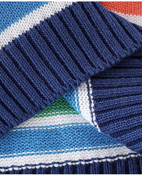 Babyhug Organic Cotton Knit Full Sleeves Striped Sweater with Clouds Applique - Multicolour