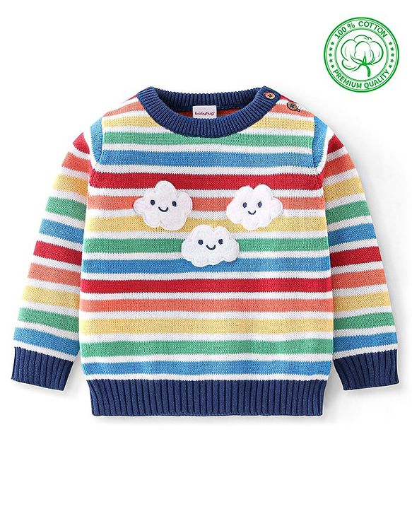 Babyhug Organic Cotton Knit Full Sleeves Striped Sweater with Clouds Applique - Multicolour