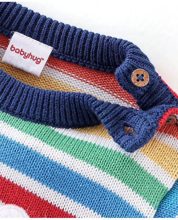 Babyhug Organic Cotton Knit Full Sleeves Striped Sweater with Clouds Applique - Multicolour