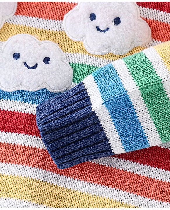 Babyhug Organic Cotton Knit Full Sleeves Striped Sweater with Clouds Applique - Multicolour