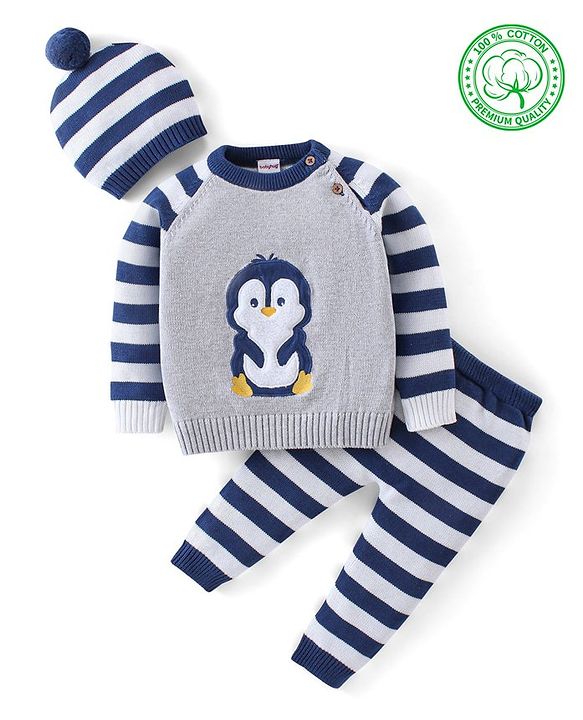Babyhug Organic Cotton Knit Full Sleeves Striped Sweater Set with Penguin Design - Navy & Grey