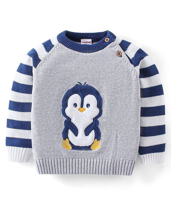Babyhug Organic Cotton Knit Full Sleeves Striped Sweater Set with Penguin Design - Navy & Grey